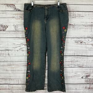 Womens Y2K Route 66 Denim Jeans Stretch Embroidered Floral Boot Brown Wash 18W
